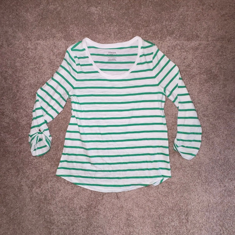 Chicos Green & White Stripe Scoop Neck Long Sleeve Top Tie Cuff Sleeves - Sz 1